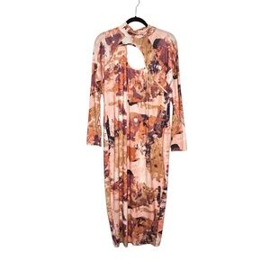 Nina Park Abstract Patterned Long Sleeve Maxi Dress w/Cut Out at Chest Sz 2X